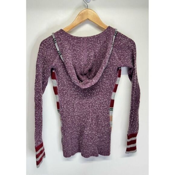 Free People Hooded Top Striped Sleeve Pullover Knit Sweater Purple XS Wool Blend - Picture 3 of 8